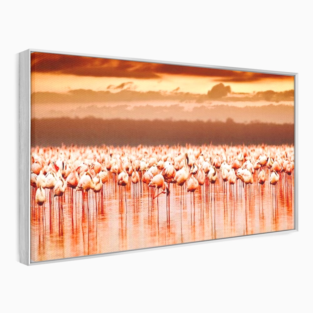 Tablou canvas cu tablou canvas cu stol de flamingo la apus, in rama de aluminiu argintiu